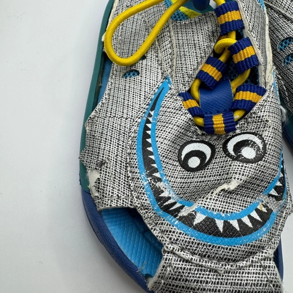 Toddler Boy Size 6 Blue and Gray Cartoon Monster Face Water Shoes